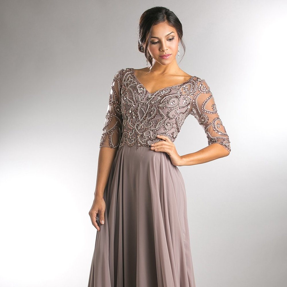 NEW FORMAL A-LINE MOTHER OF BRIDE CHIFFON DRESS W/ SHEER 3\4 SLEEVES AC 7046 - Picture 3 of 8